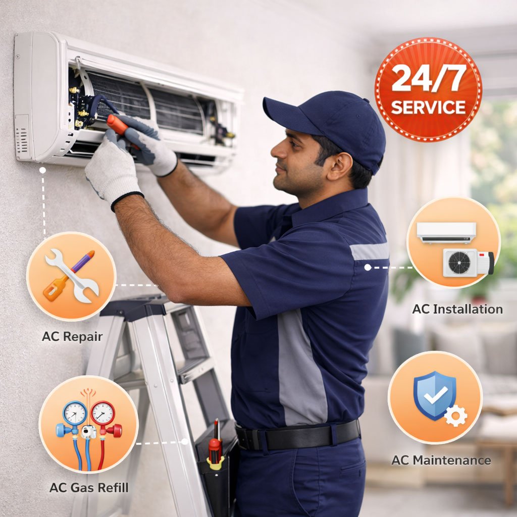 AC technician servicing air conditioner