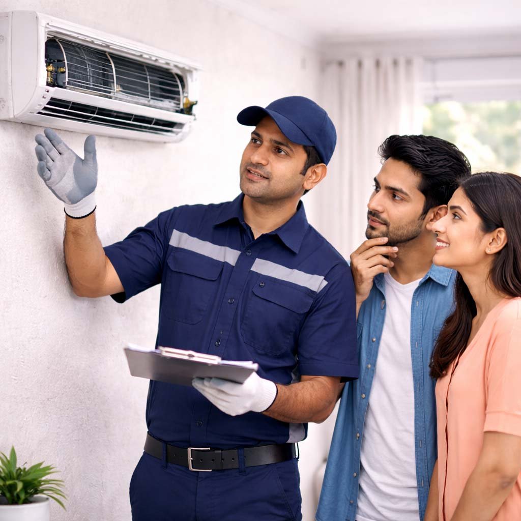 Professional AC technician repairing air conditioner
